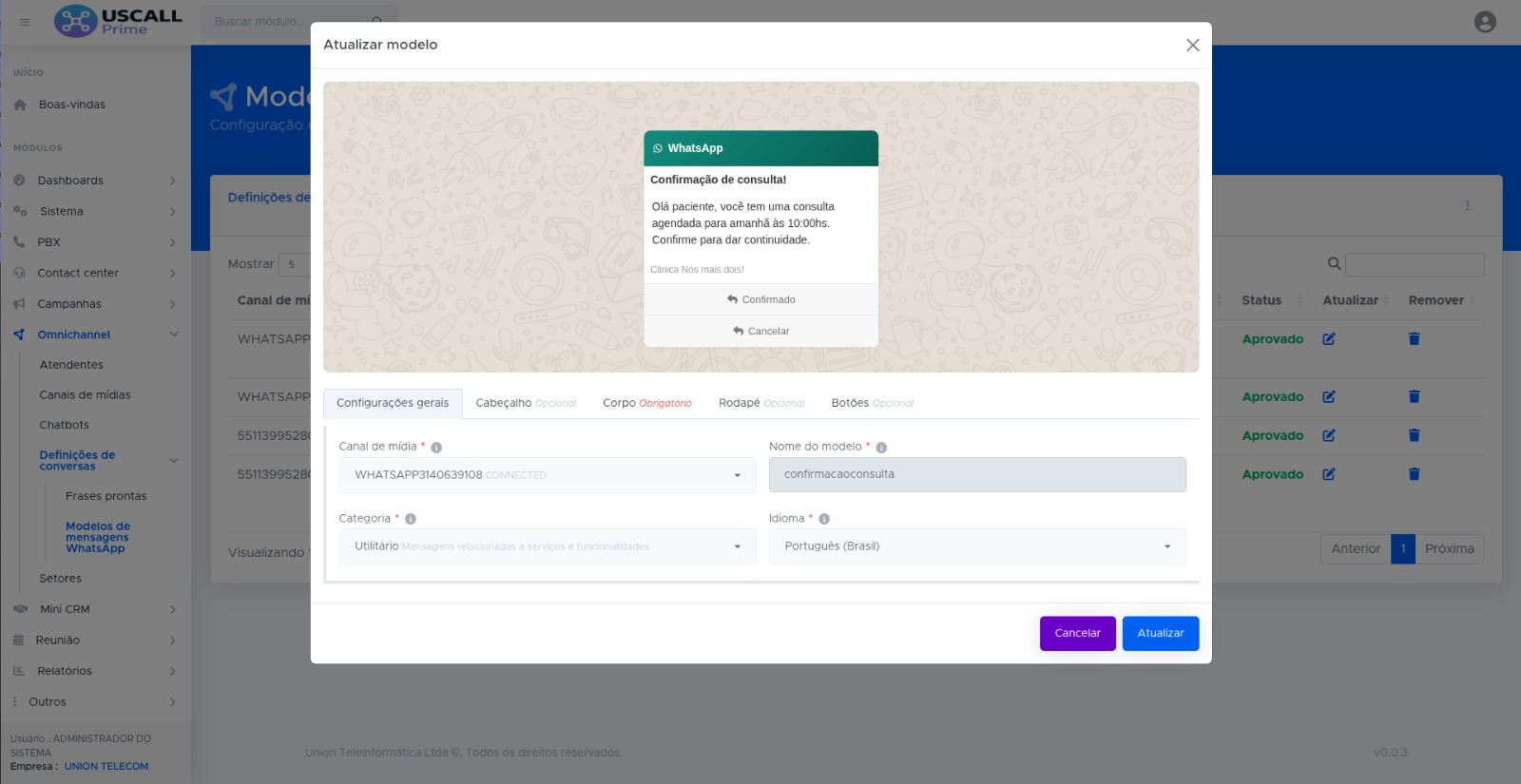 Configuração de modelos de mensagem WhatsApp e omnichannel no UscallPrime