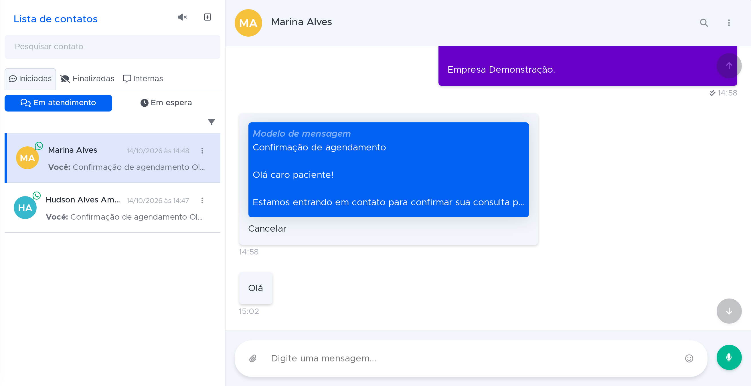 Conversa de WhatsApp aberta no console do atendente