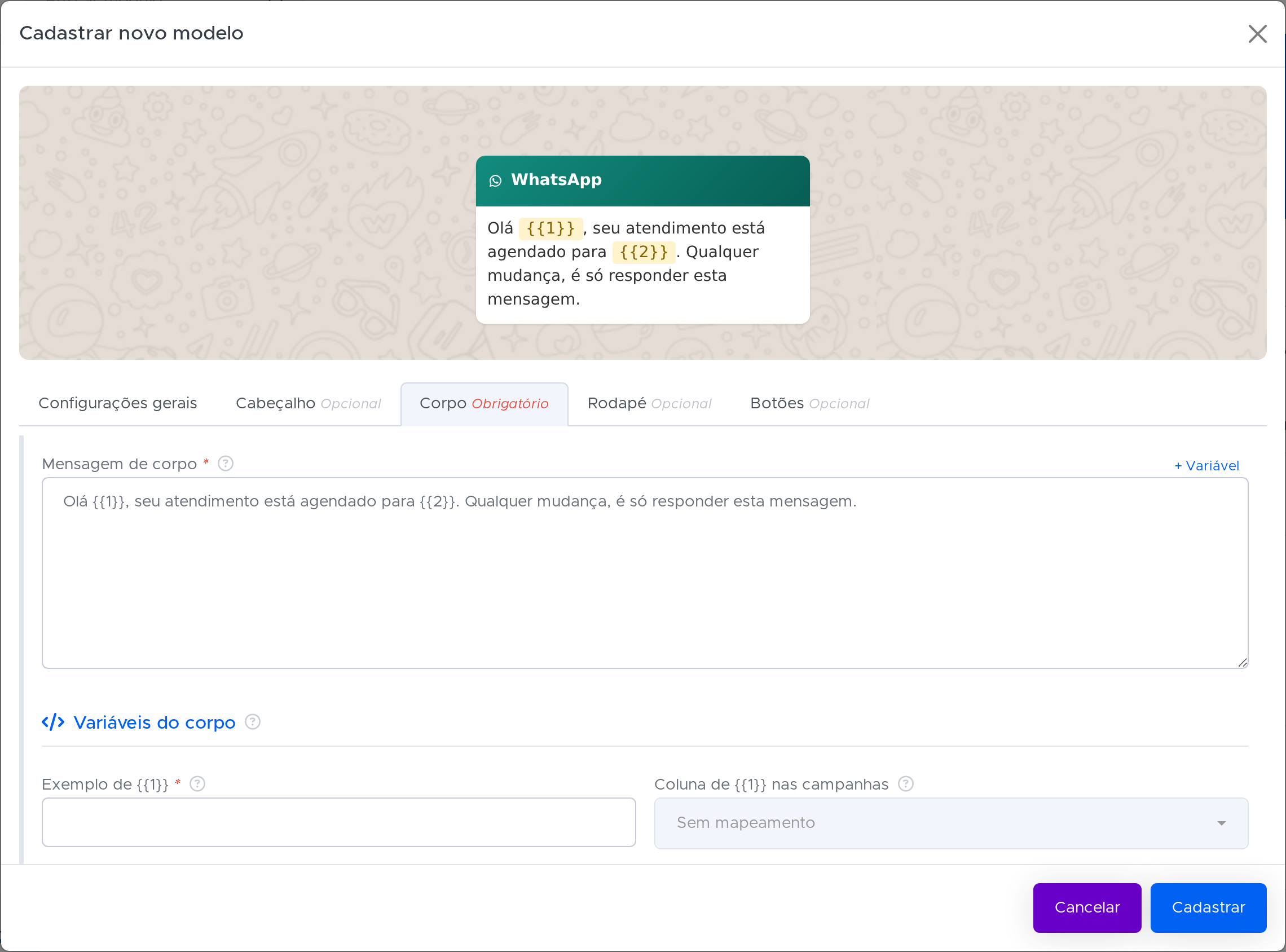 Cadastro de modelo de mensagem com prévia como chega no WhatsApp