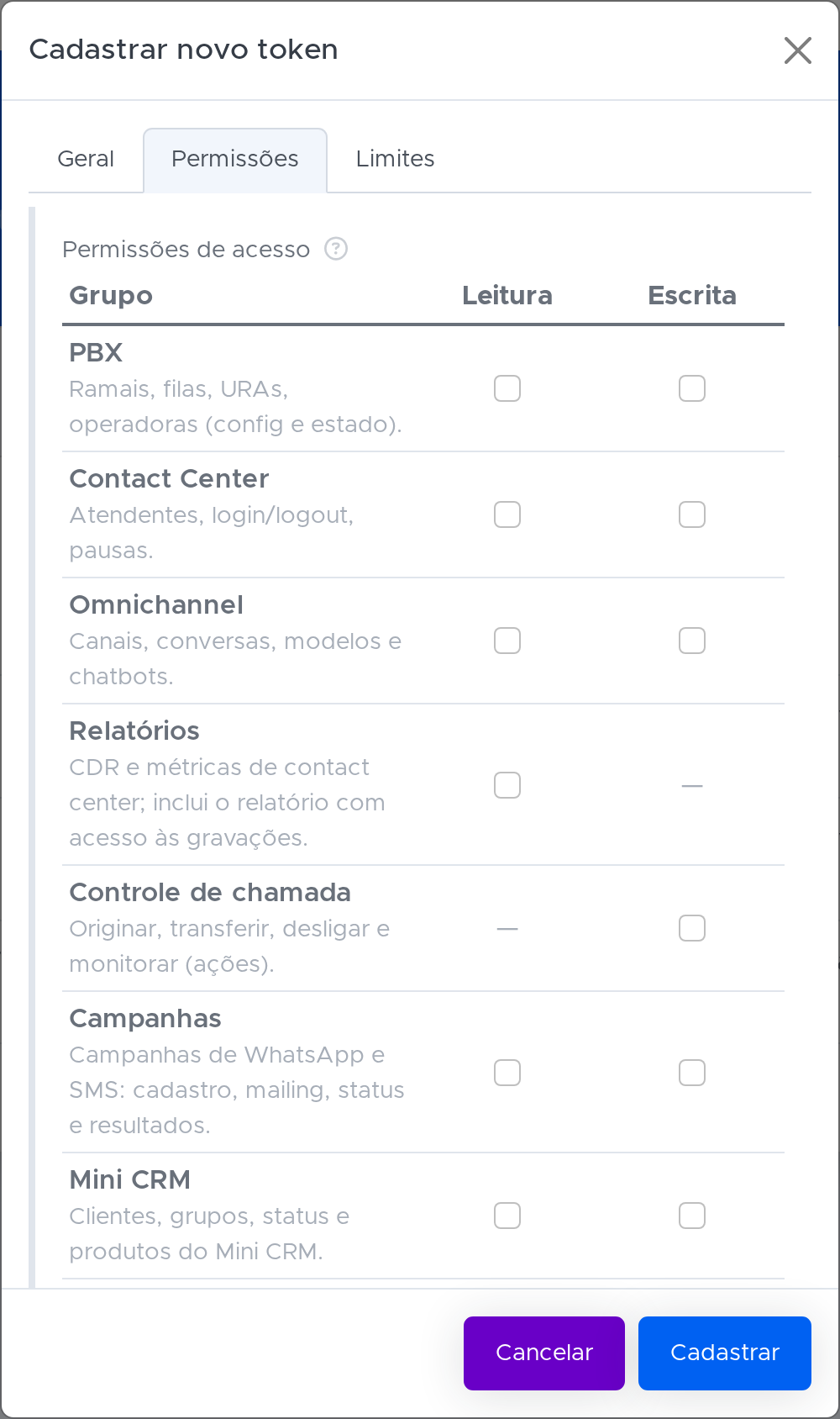 Token da API com permissões por grupo de recursos