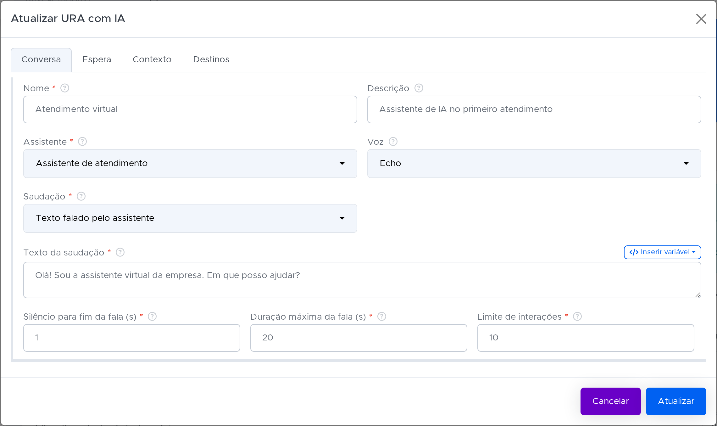 Configuração da conversa da URA com inteligência artificial